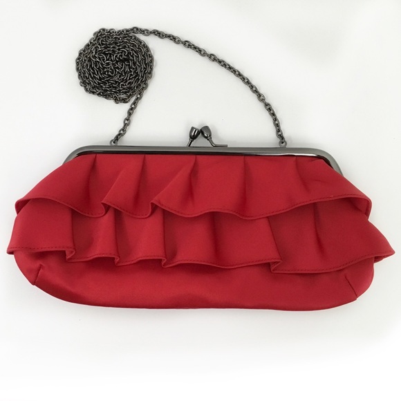 Handbags - Satin Ruffle Red Evening Shoulder Bag